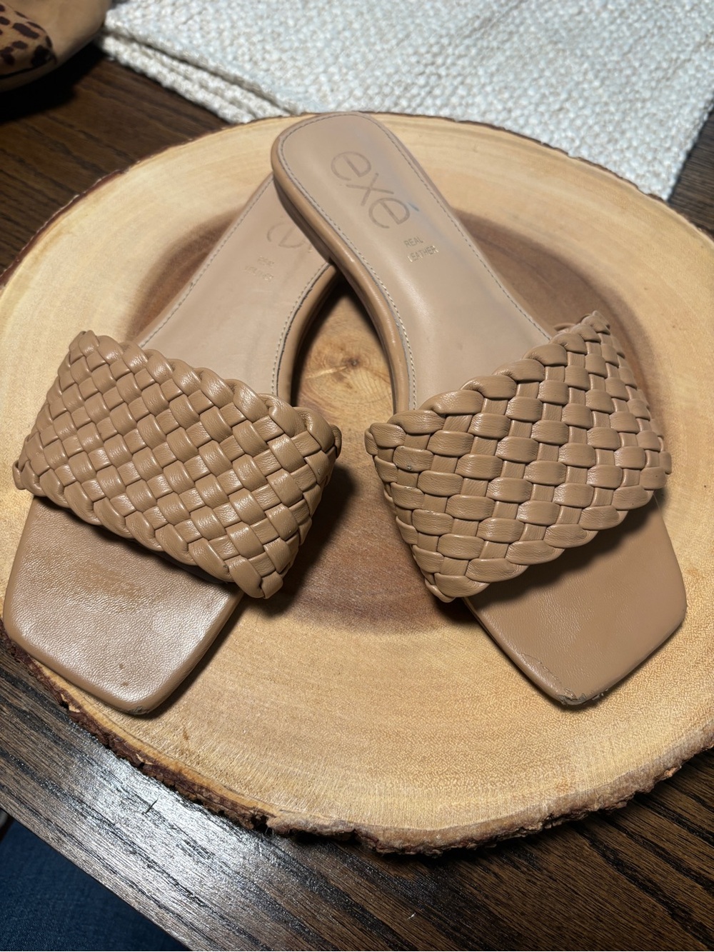 REAL LEATHER EXE Braided Slide Mules in Taupe